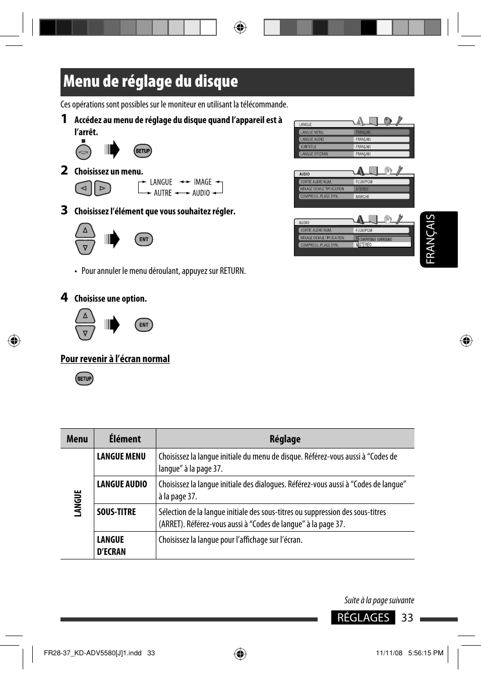 Menu de réglage du disque | JVC ADV5580 User Manual | Page 121 / 133