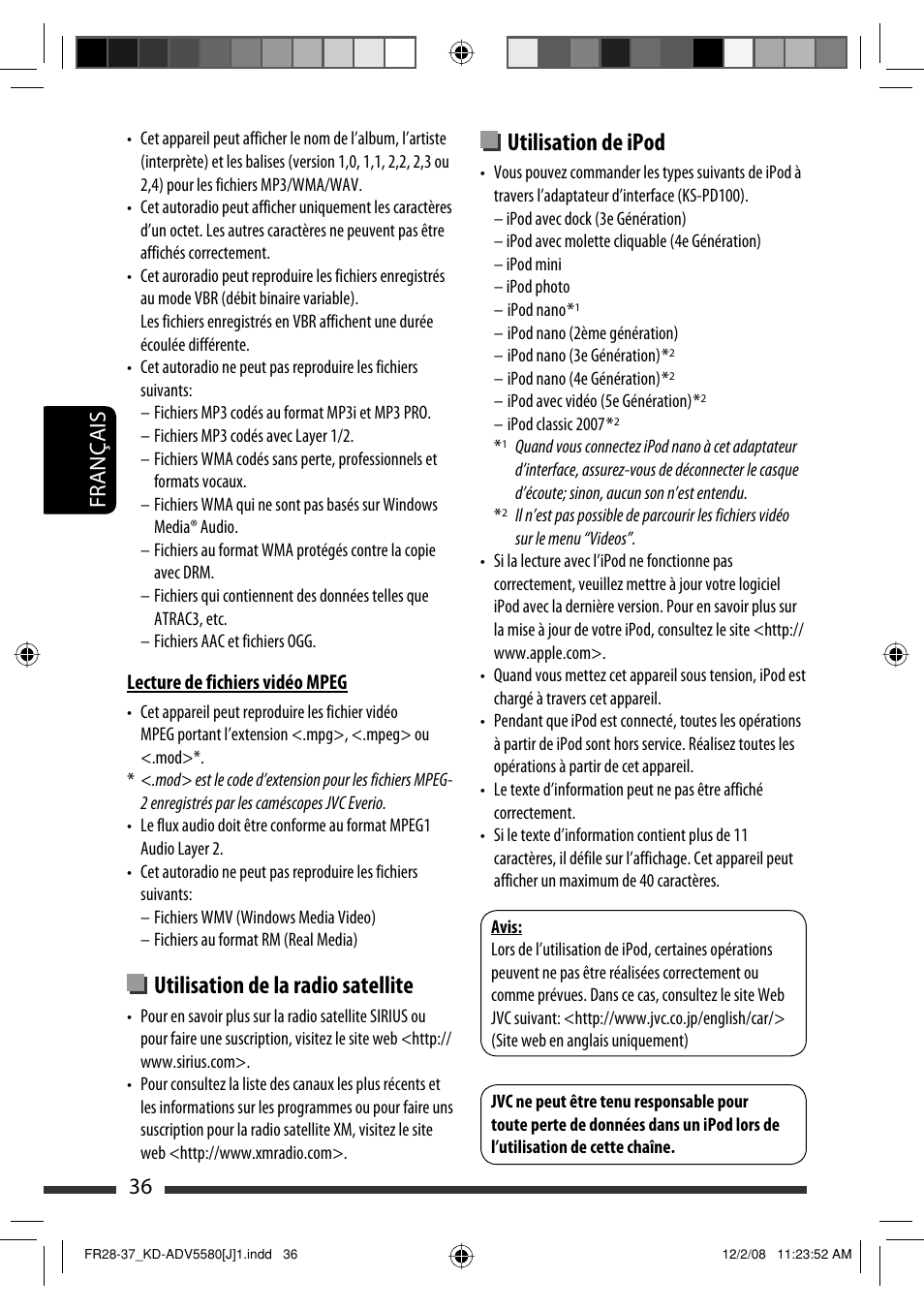 Utilisation de la radio satellite, Utilisation de ipod, 36 français | JVC ADV5580 User Manual | Page 124 / 133