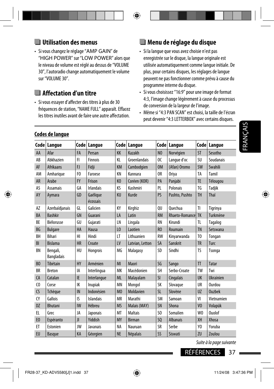 Utilisation des menus, Affectation d’un titre, Menu de réglage du disque | 37 références français, Codes de langue | JVC ADV5580 User Manual | Page 125 / 133