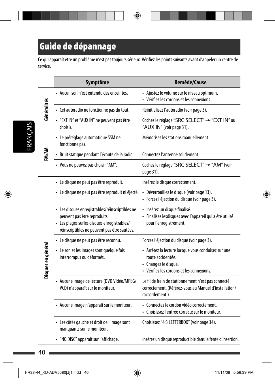 Guide de dépannage, 40 français | JVC ADV5580 User Manual | Page 128 / 133