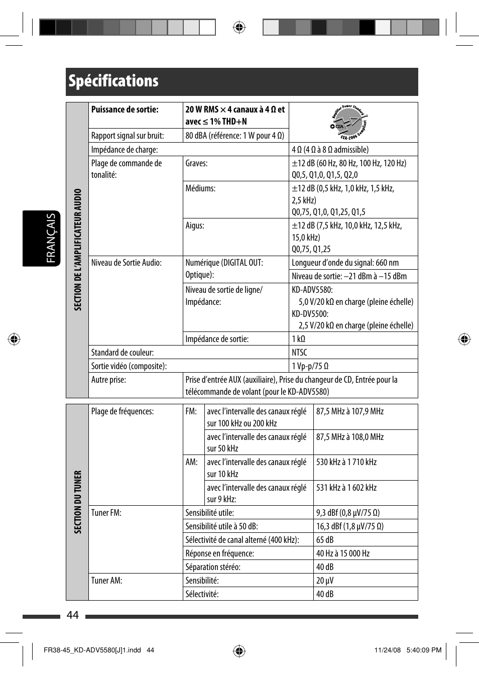 Spécifications, 44 français | JVC ADV5580 User Manual | Page 132 / 133
