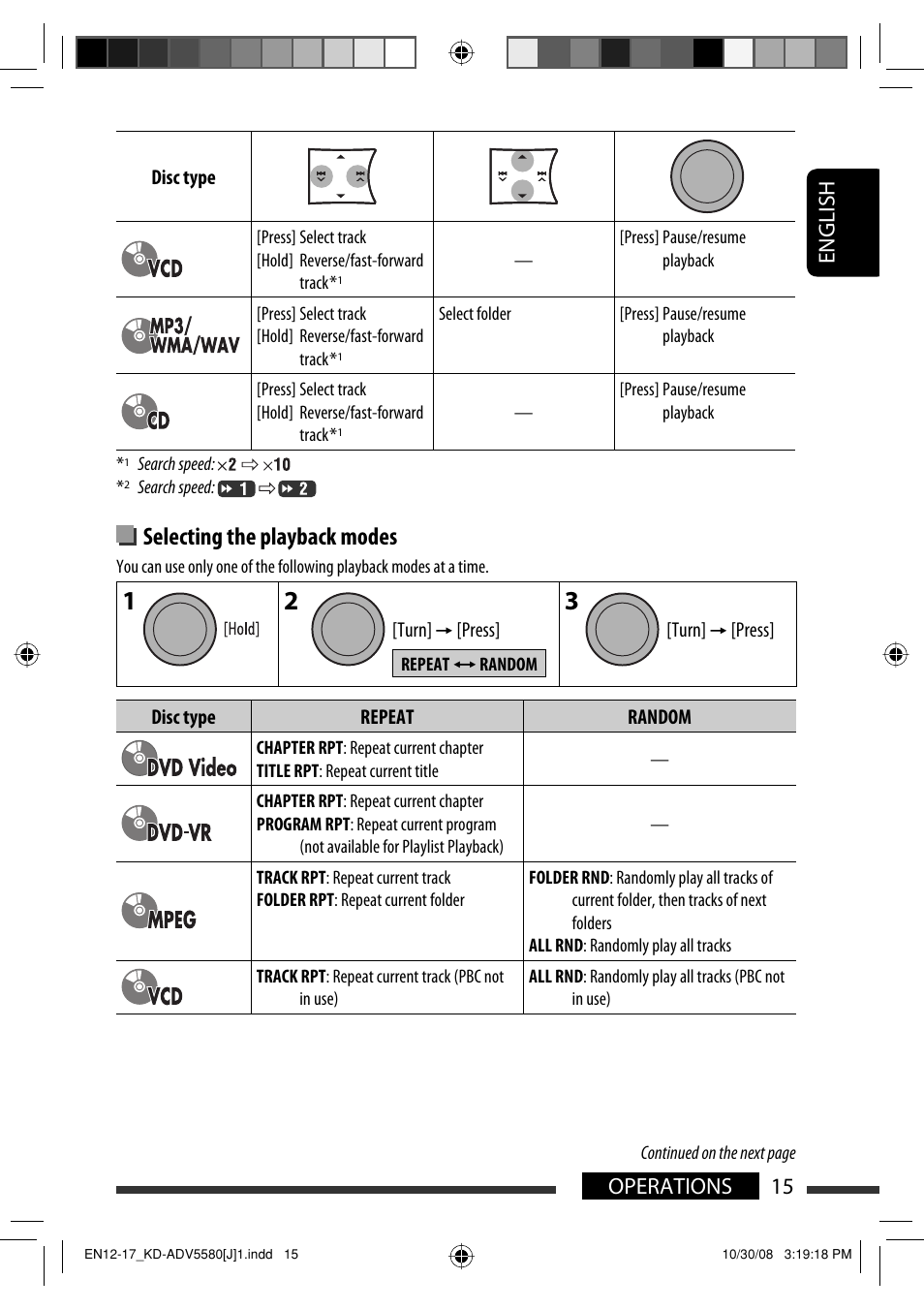 Selecting the playback modes, 15 operations english | JVC ADV5580 User Manual | Page 15 / 133