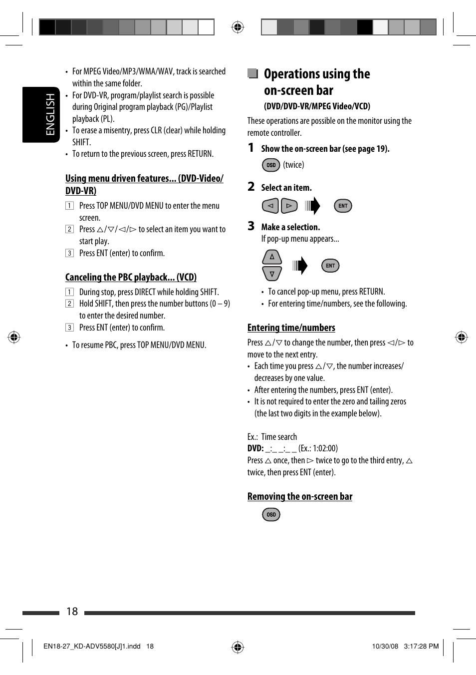 Operations using the on-screen bar, 18 english | JVC ADV5580 User Manual | Page 18 / 133