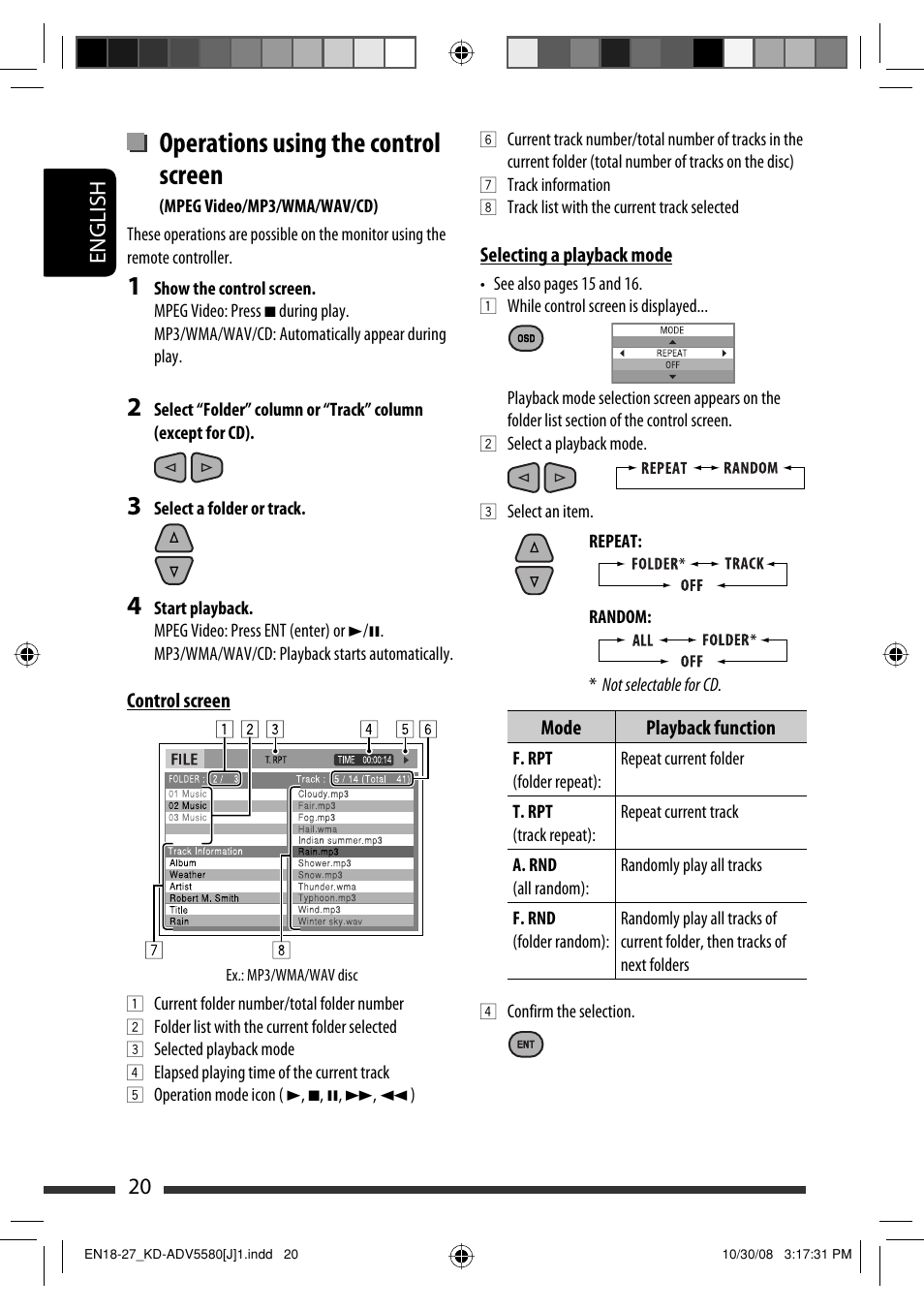 Operations using the control screen, 20 english | JVC ADV5580 User Manual | Page 20 / 133