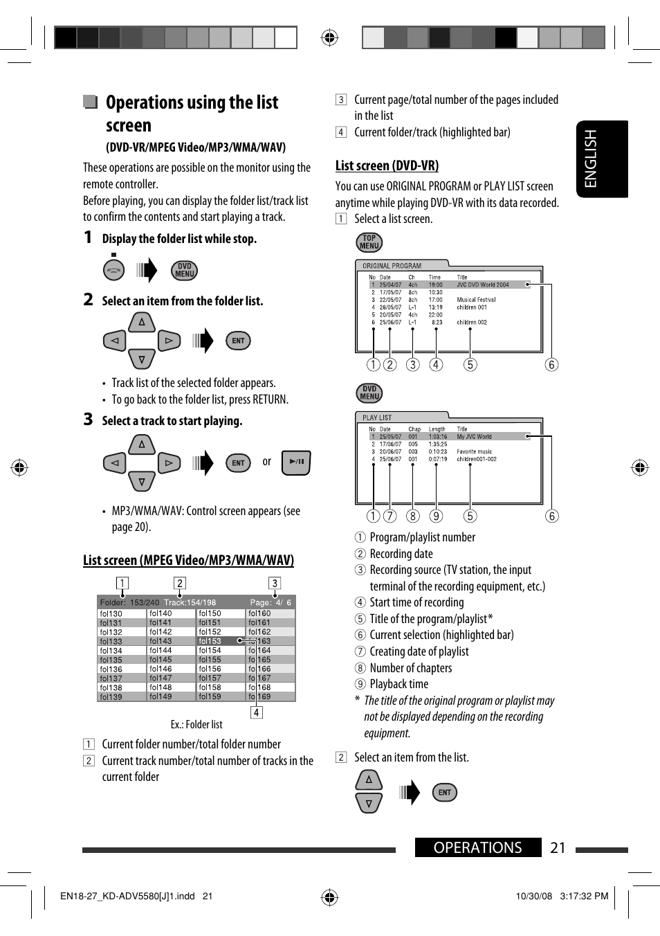 Operations using the list screen, 21 operations english | JVC ADV5580 User Manual | Page 21 / 133