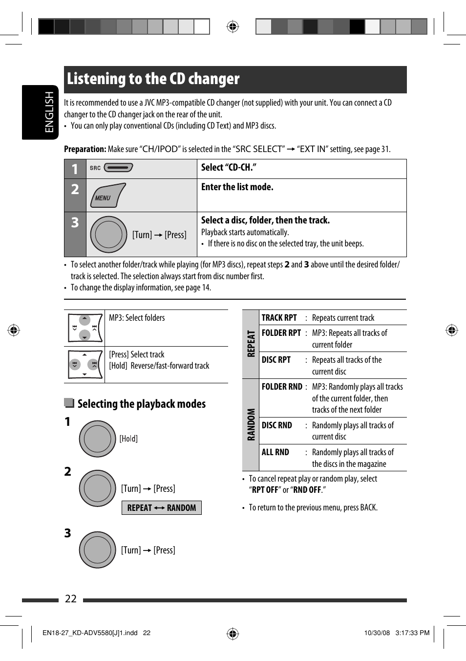 Listening to the cd changer, Selecting the playback modes | JVC ADV5580 User Manual | Page 22 / 133