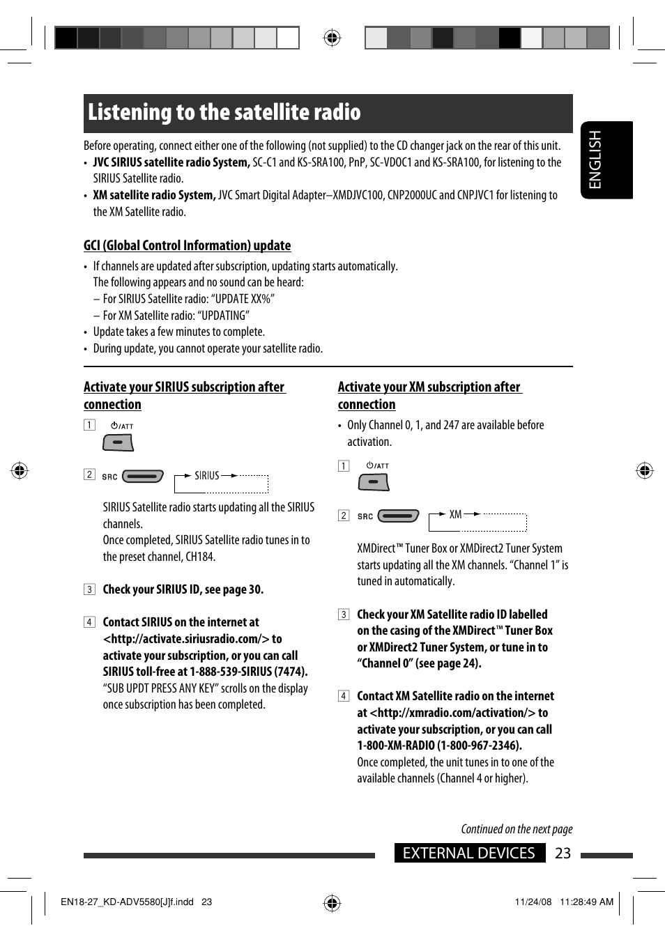 Listening to the satellite radio, 23 external devices english | JVC ADV5580 User Manual | Page 23 / 133