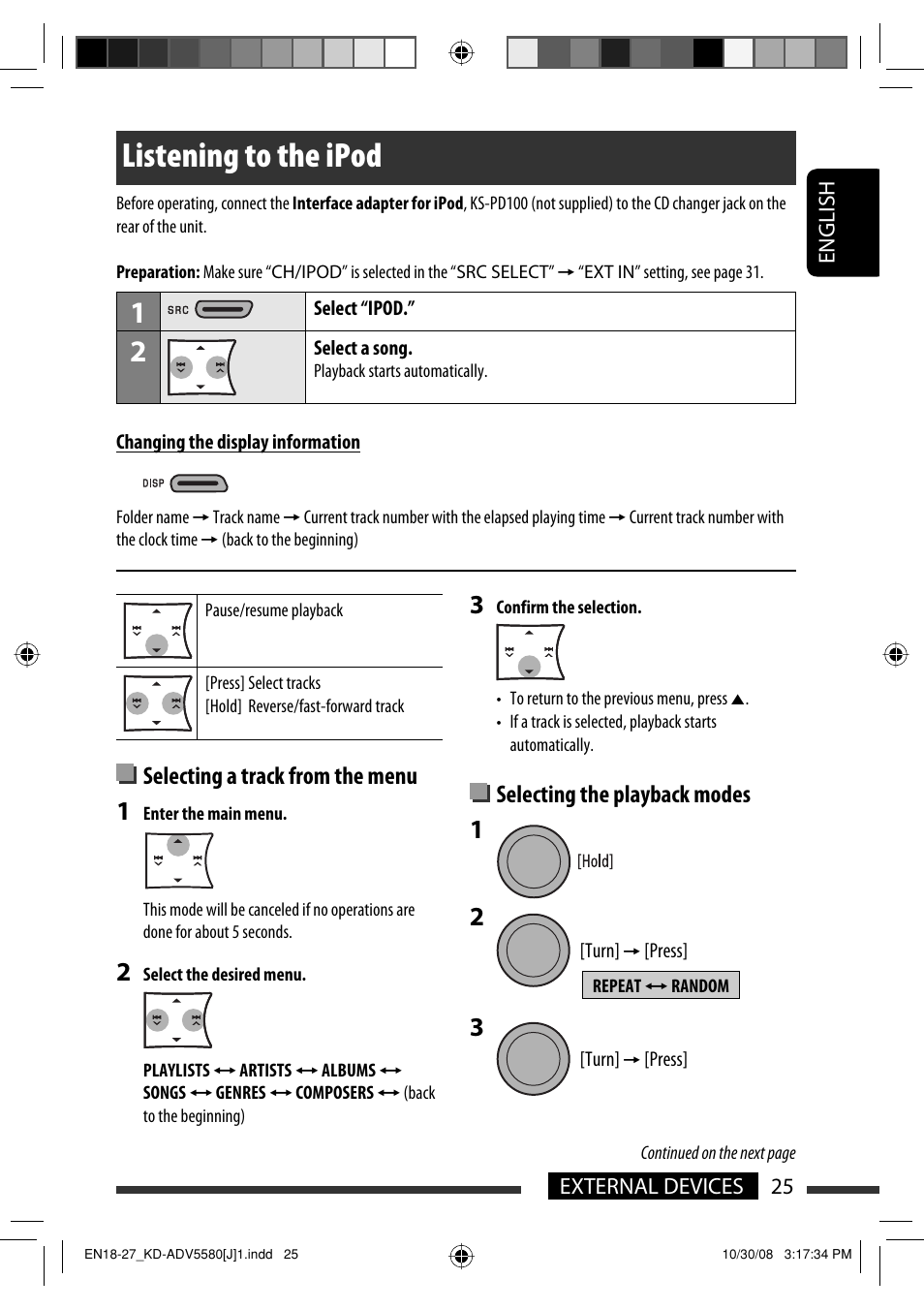 Listening to the ipod, Selecting a track from the menu, Selecting the playback modes | JVC ADV5580 User Manual | Page 25 / 133