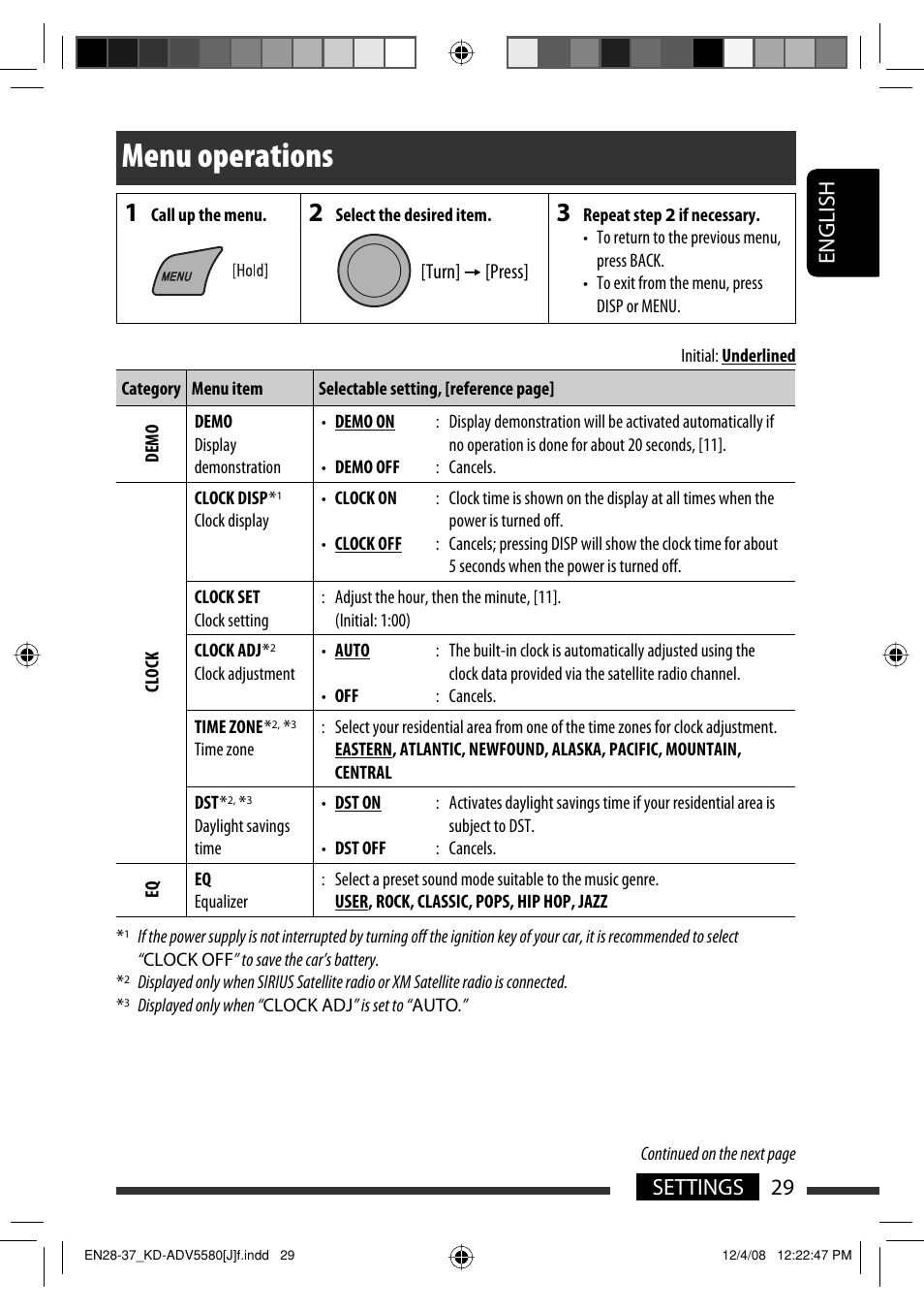 Menu operations, 29 settings english | JVC ADV5580 User Manual | Page 29 / 133