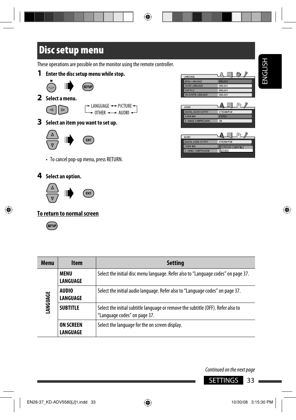 Disc setup menu | JVC ADV5580 User Manual | Page 33 / 133