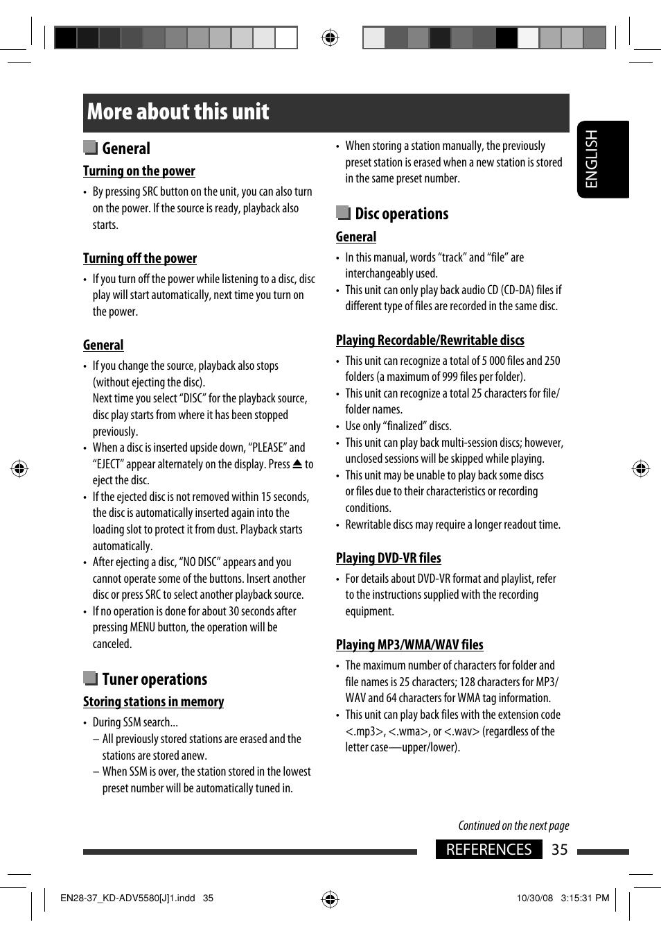More about this unit, General, Tuner operations | Disc operations | JVC ADV5580 User Manual | Page 35 / 133
