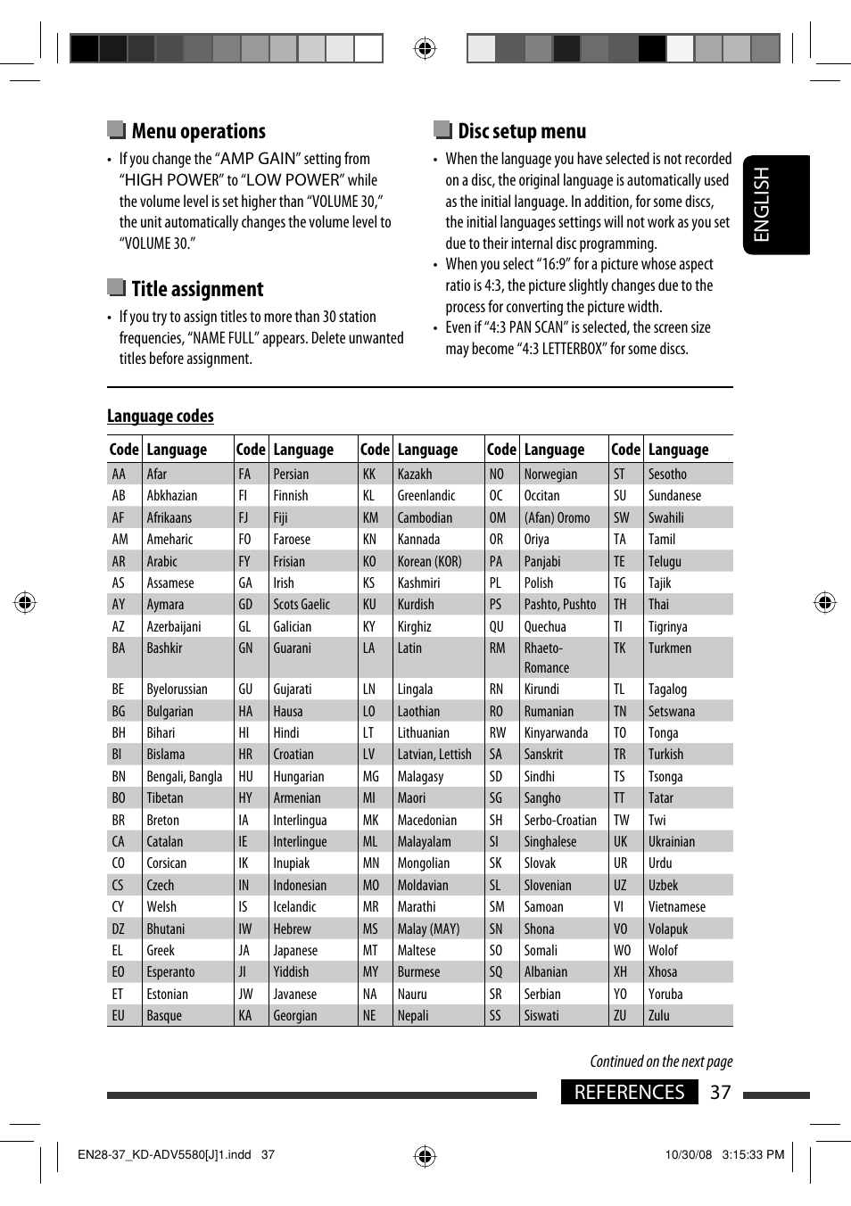 Menu operations, Title assignment, Disc setup menu | 37 references english, Language codes | JVC ADV5580 User Manual | Page 37 / 133