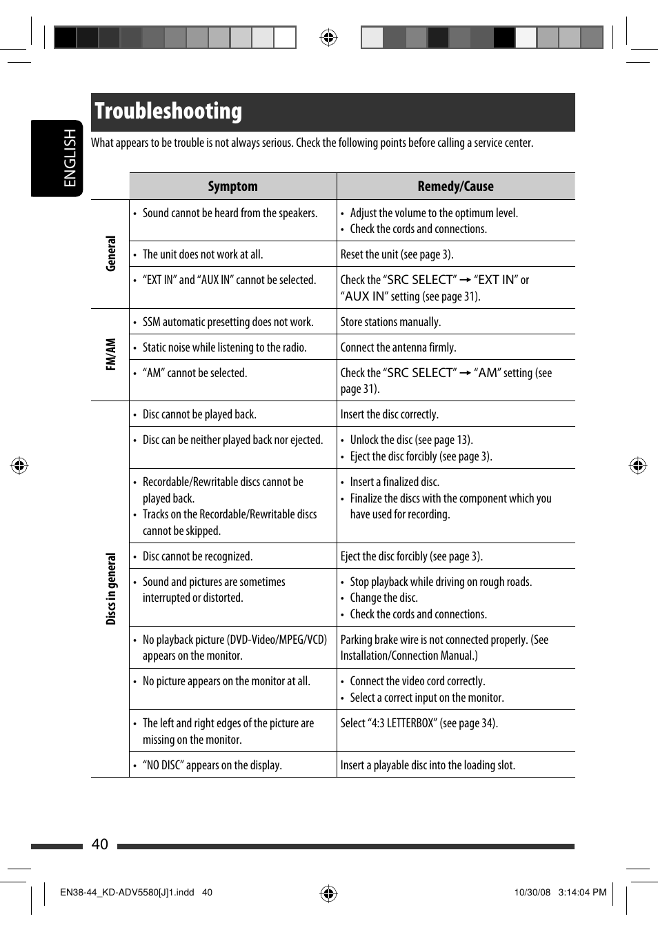 Troubleshooting, 40 english | JVC ADV5580 User Manual | Page 40 / 133