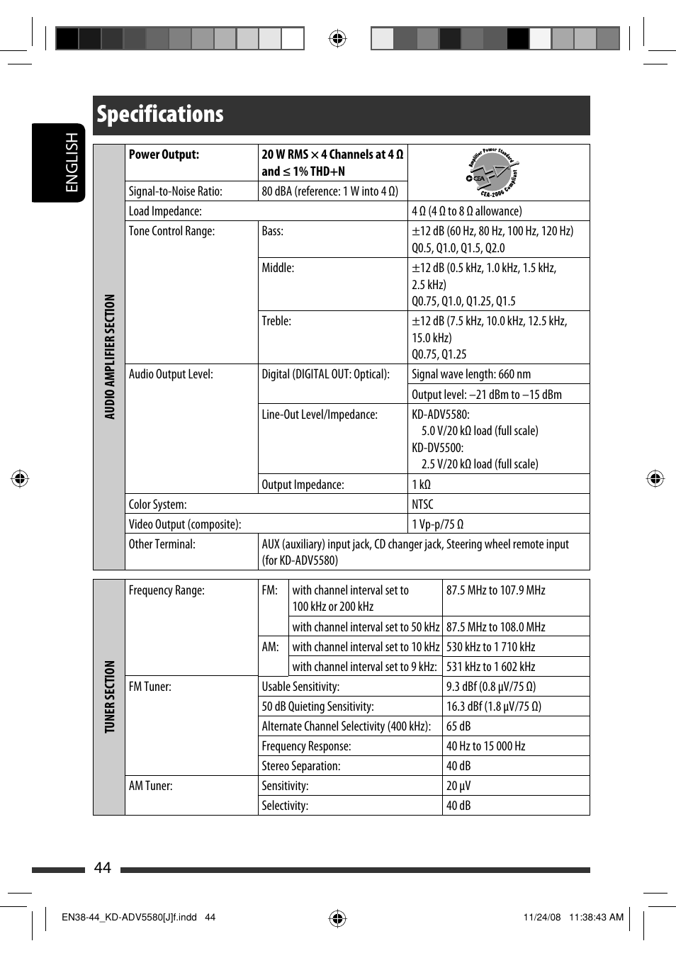 Specifications, 44 english | JVC ADV5580 User Manual | Page 44 / 133