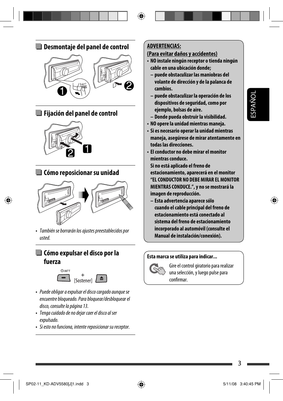 Cómo expulsar el disco por la fuerza, 3español | JVC ADV5580 User Manual | Page 47 / 133