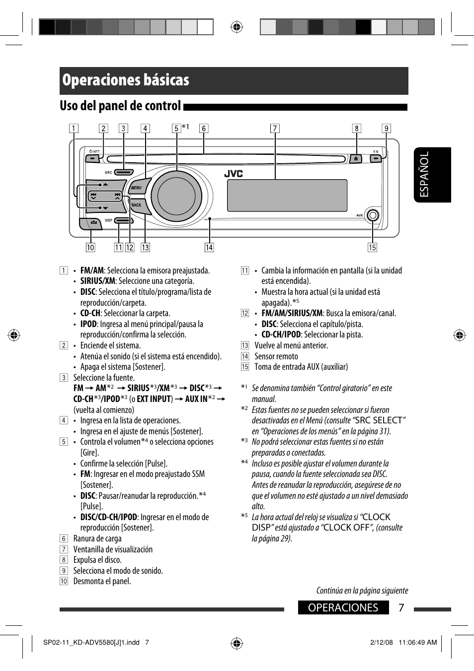 Operaciones básicas, Uso del panel de control, 7operaciones español | JVC ADV5580 User Manual | Page 51 / 133