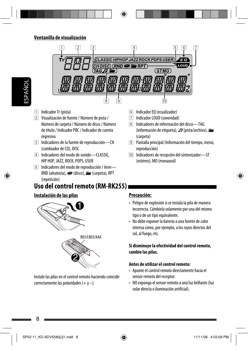 Uso del control remoto (rm-rk255), 8español | JVC ADV5580 User Manual | Page 52 / 133