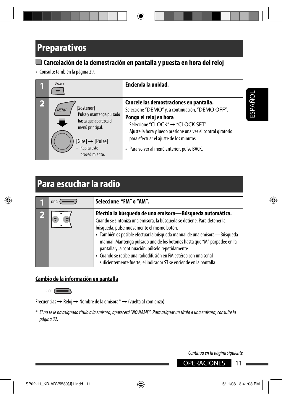 Preparativos, Para escuchar la radio | JVC ADV5580 User Manual | Page 55 / 133