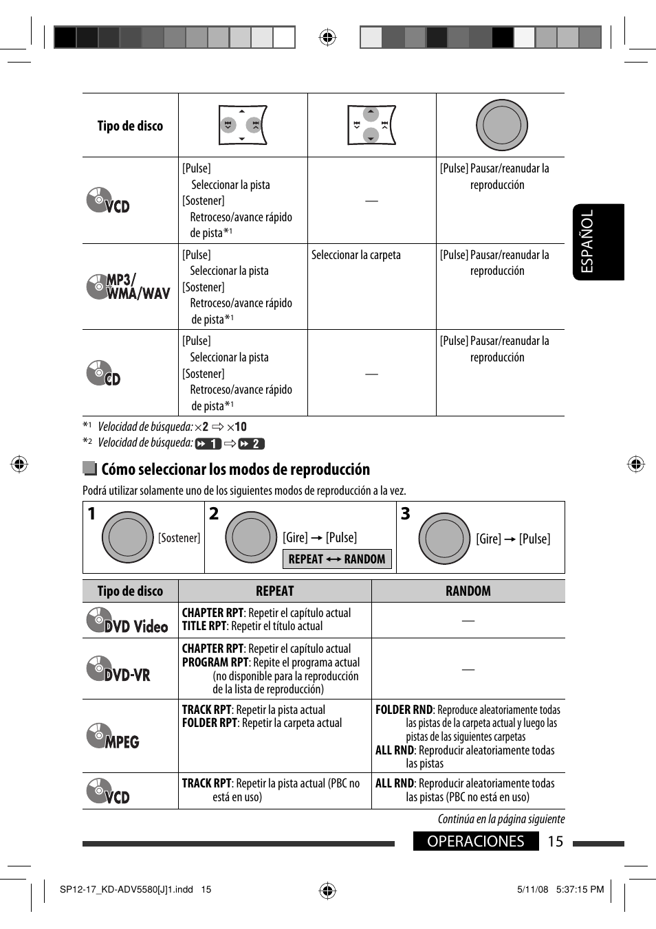 Cómo seleccionar los modos de reproducción, 15 operaciones español | JVC ADV5580 User Manual | Page 59 / 133