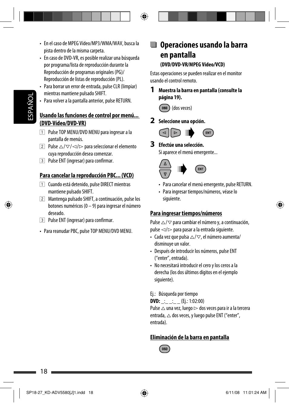 Operaciones usando la barra en pantalla, 18 español | JVC ADV5580 User Manual | Page 62 / 133