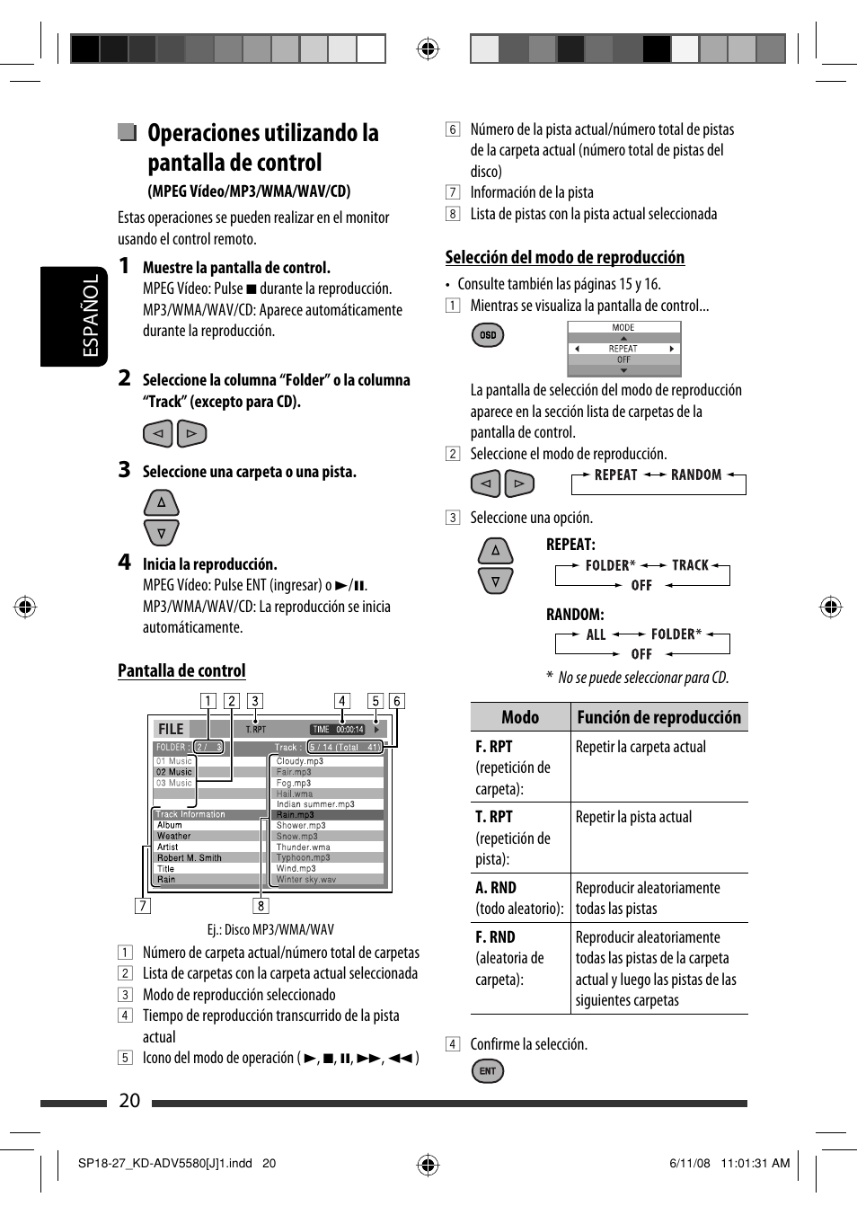 Operaciones utilizando la pantalla de control, 20 español | JVC ADV5580 User Manual | Page 64 / 133