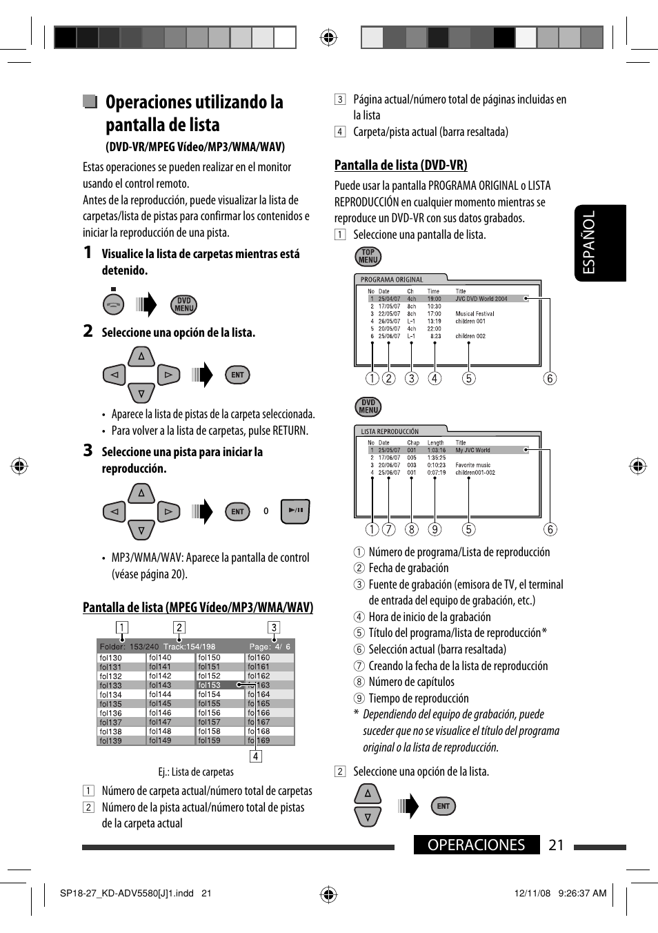 Operaciones utilizando la pantalla de lista, 21 operaciones español | JVC ADV5580 User Manual | Page 65 / 133
