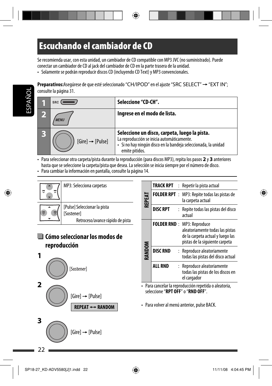 Escuchando el cambiador de cd, Cómo seleccionar los modos de reproducción | JVC ADV5580 User Manual | Page 66 / 133