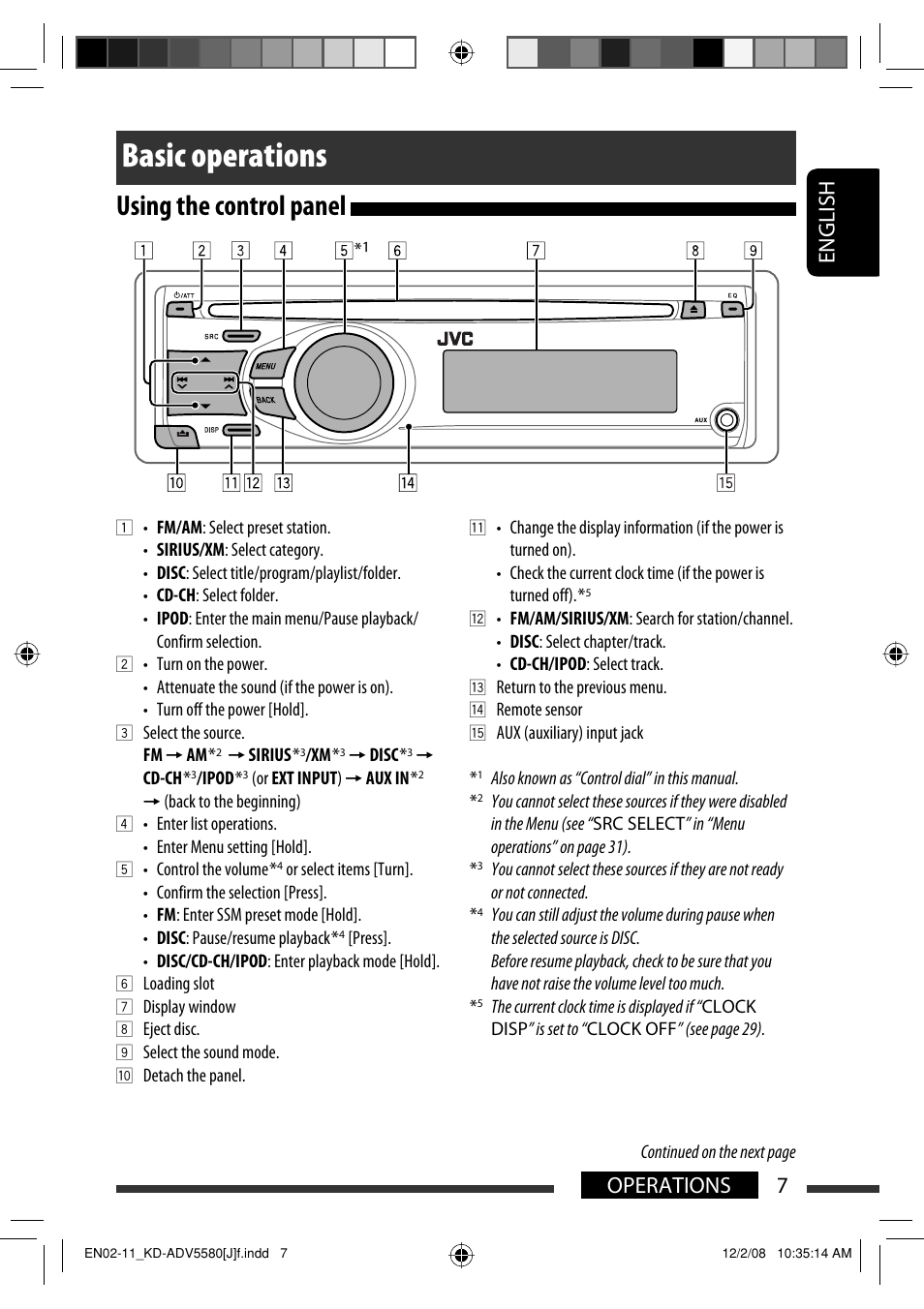 Basic operations, Using the control panel, 7operations english | JVC ADV5580 User Manual | Page 7 / 133