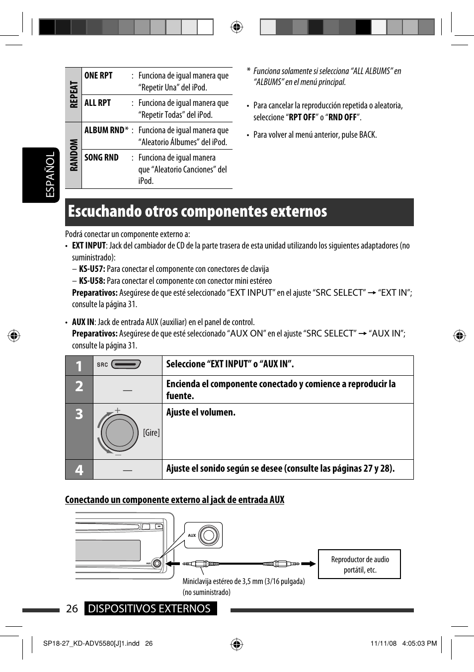 Escuchando otros componentes externos | JVC ADV5580 User Manual | Page 70 / 133