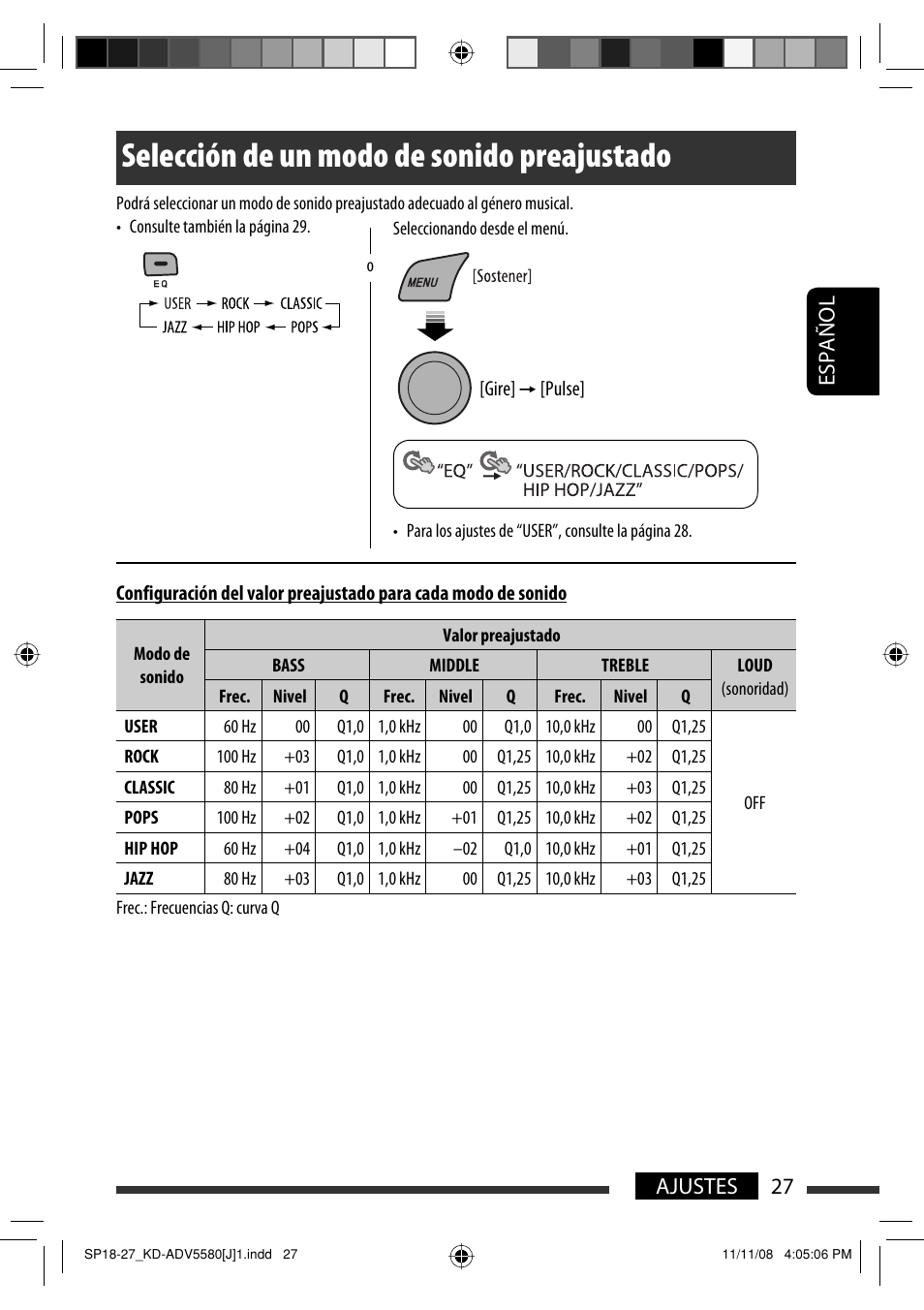 Selección de un modo de sonido preajustado, 27 ajustes español | JVC ADV5580 User Manual | Page 71 / 133