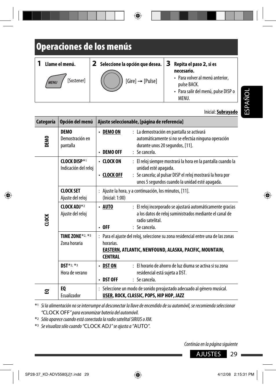 Operaciones de los menús, 29 ajustes español | JVC ADV5580 User Manual | Page 73 / 133