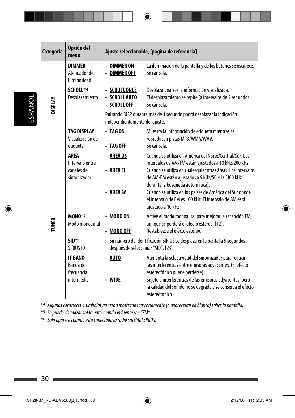 30 español | JVC ADV5580 User Manual | Page 74 / 133