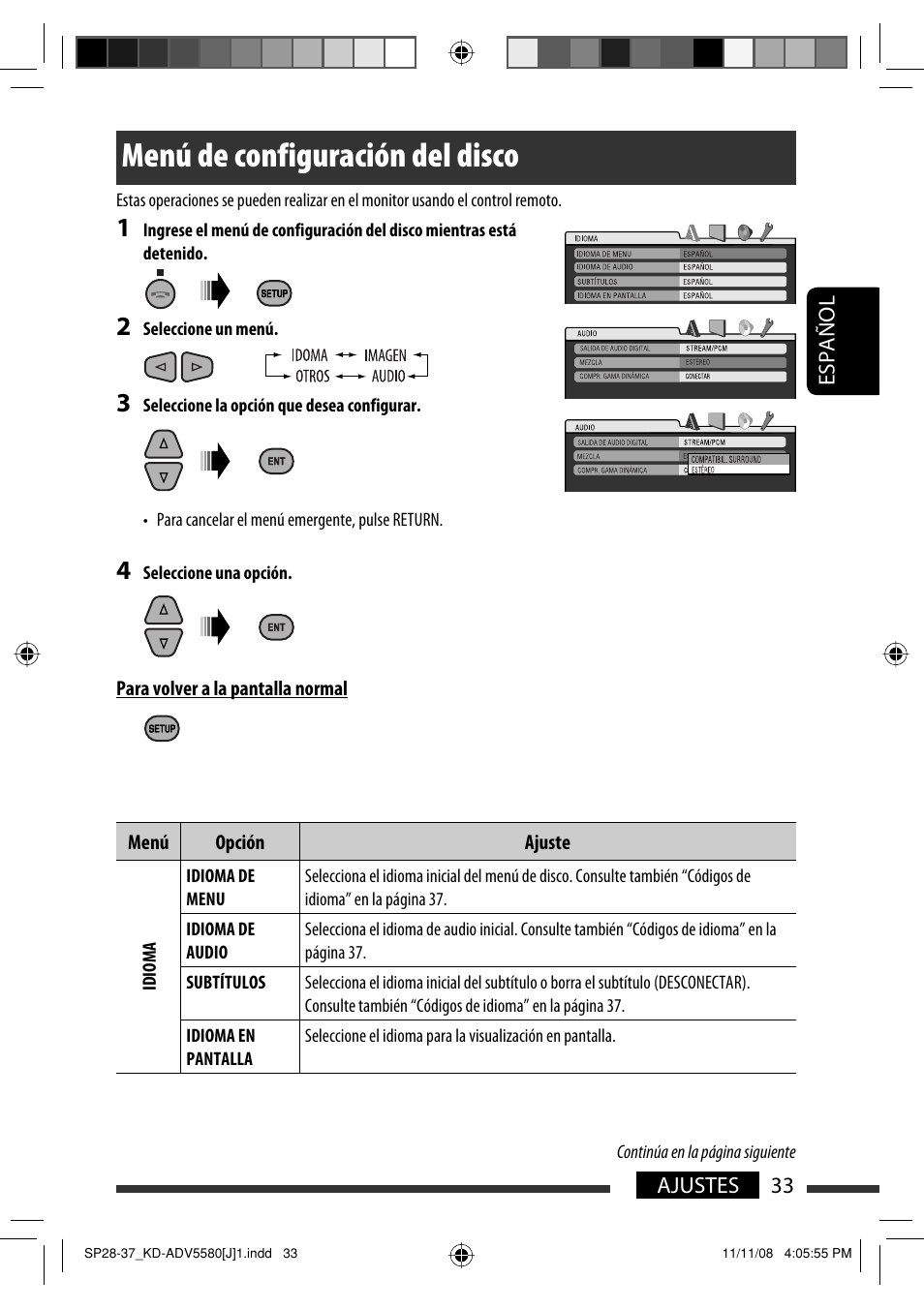 Menú de configuración del disco | JVC ADV5580 User Manual | Page 77 / 133