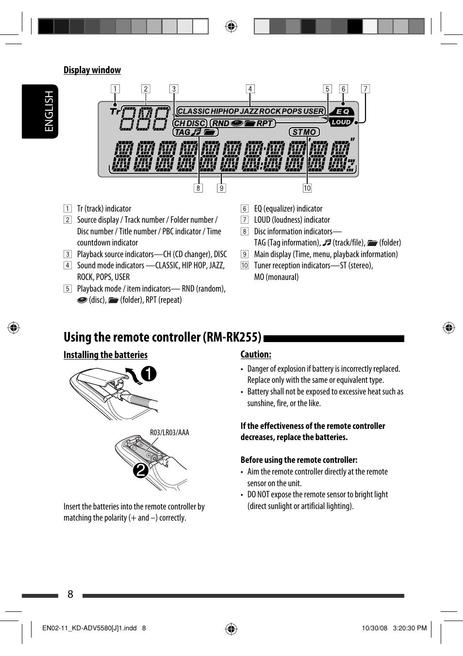 Using the remote controller (rm-rk255), 8english | JVC ADV5580 User Manual | Page 8 / 133