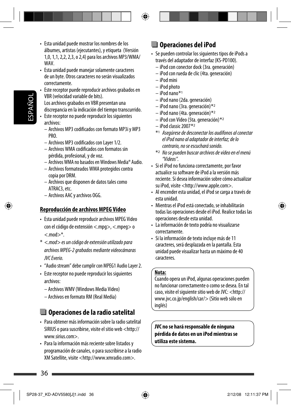 Operaciones de la radio satelital, Operaciones del ipod, 36 español | JVC ADV5580 User Manual | Page 80 / 133