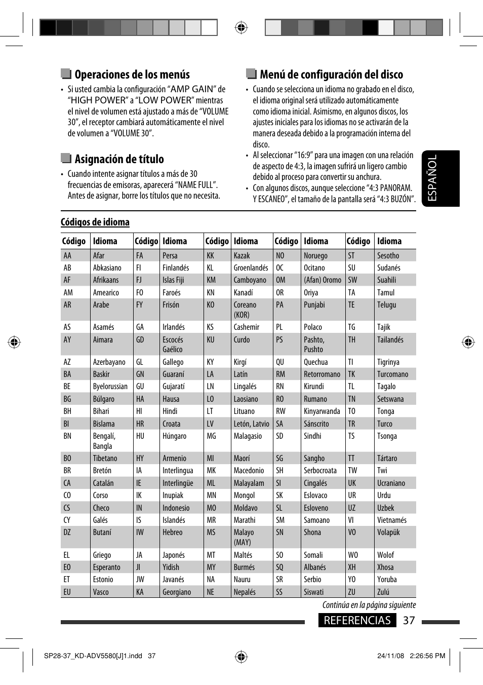 Operaciones de los menús, Asignación de título, Menú de configuración del disco | 37 referencias español, Códigos de idioma | JVC ADV5580 User Manual | Page 81 / 133