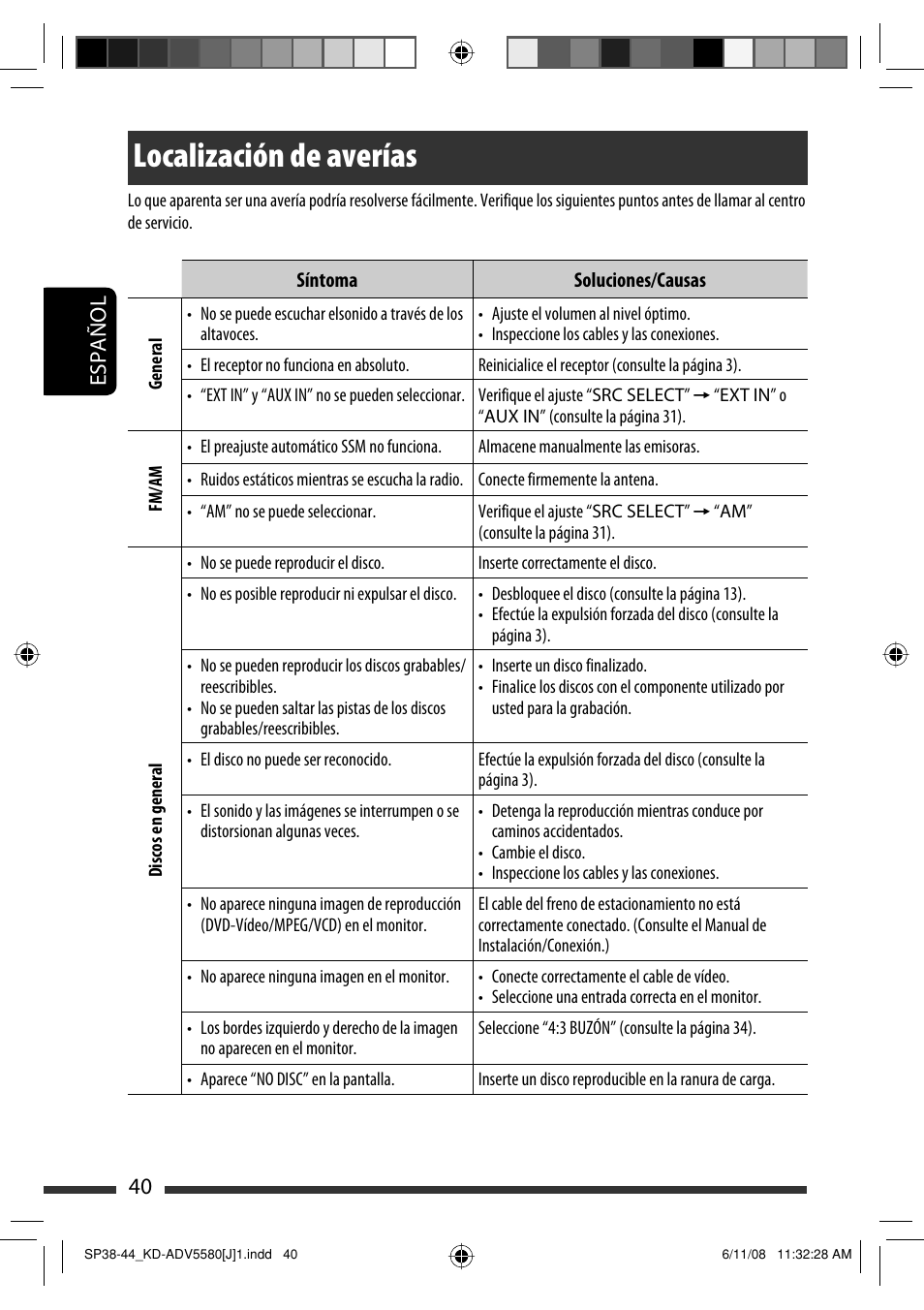 Localización de averías, 40 español | JVC ADV5580 User Manual | Page 84 / 133