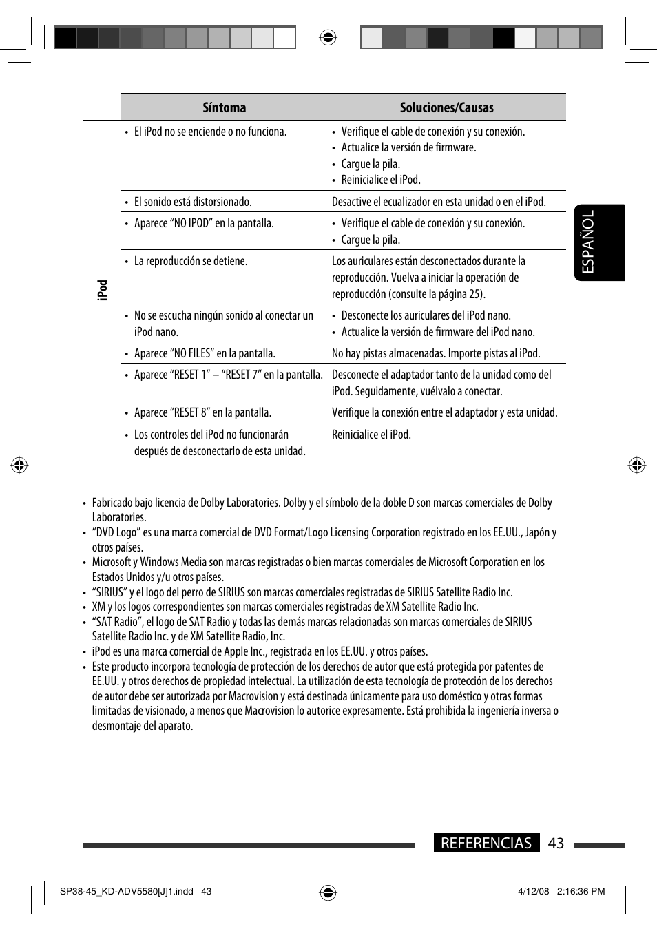 43 referencias español | JVC ADV5580 User Manual | Page 87 / 133