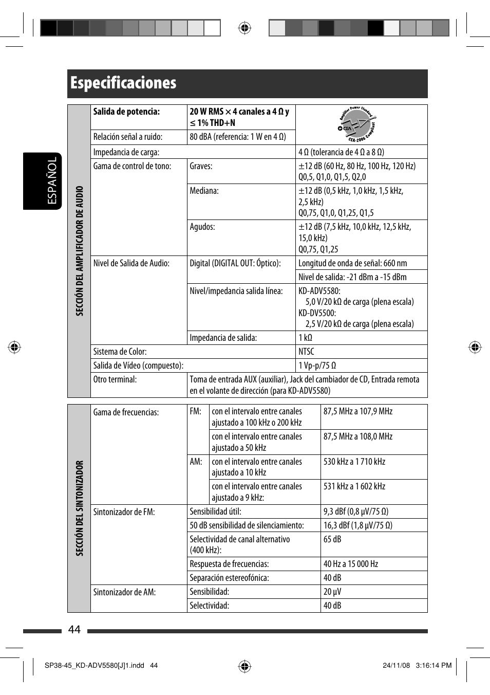 Especificaciones, 44 español | JVC ADV5580 User Manual | Page 88 / 133