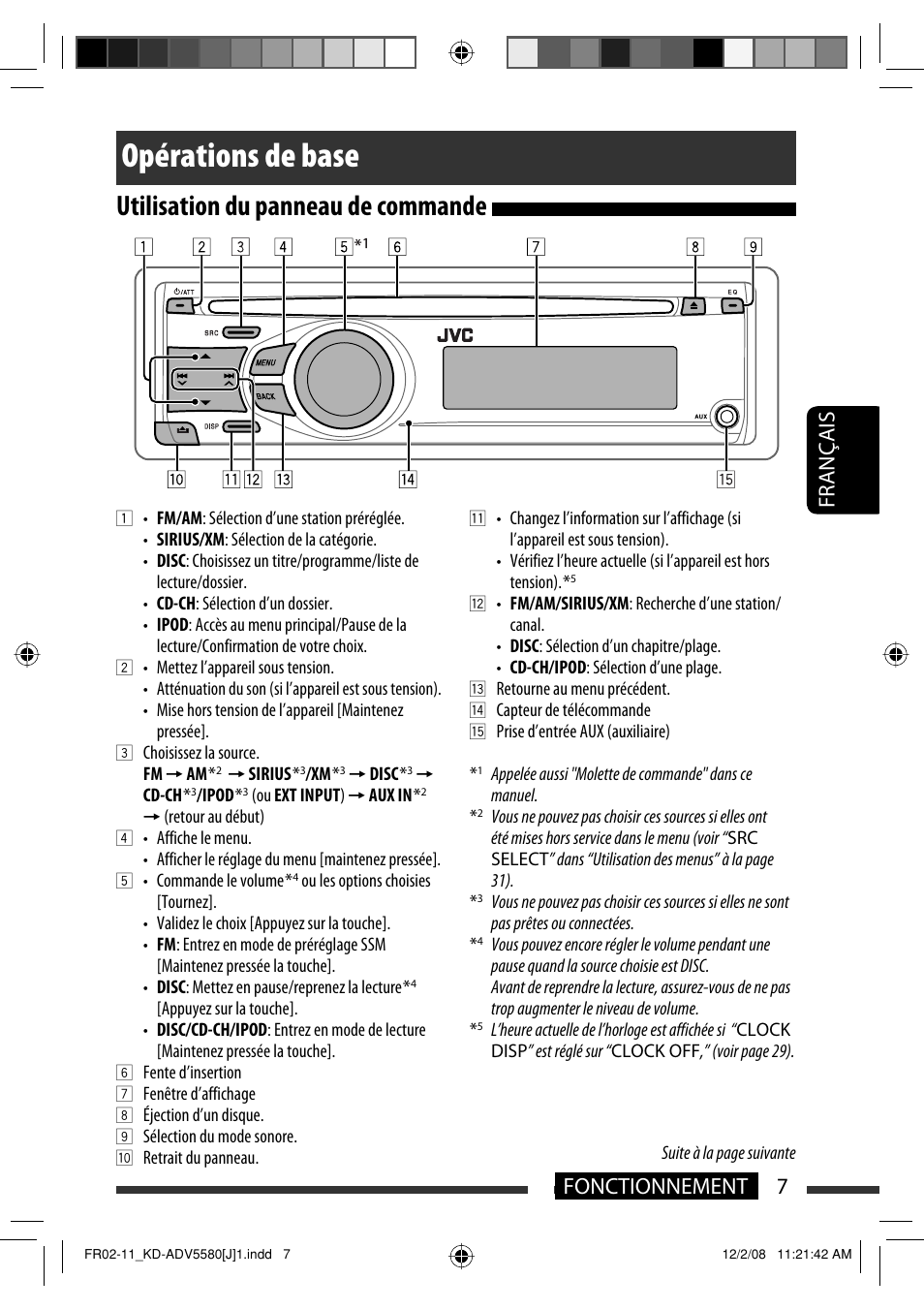 Opérations de base, Utilisation du panneau de commande, 7fonctionnement français | JVC ADV5580 User Manual | Page 95 / 133