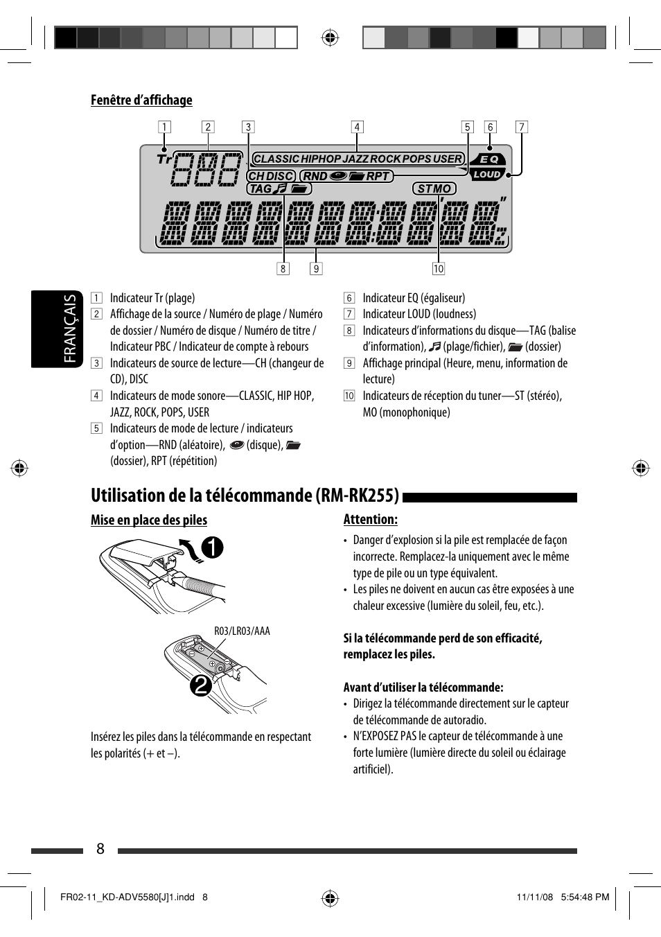 Utilisation de la télécommande (rm-rk255), 8français | JVC ADV5580 User Manual | Page 96 / 133