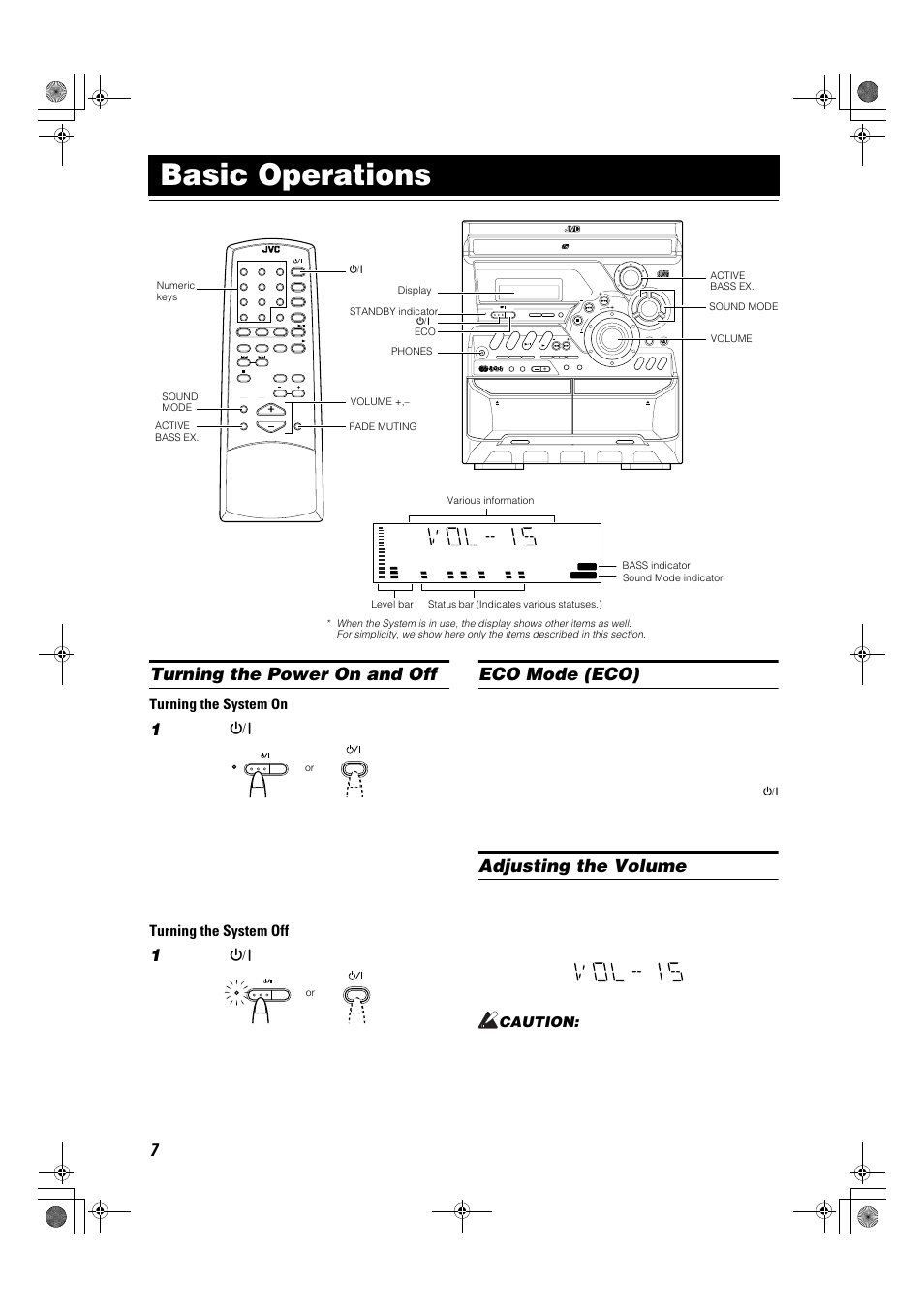 Basic operations, Turning the power on and off, Eco mode (eco) | Adjusting the volume, Turning the system on, Turning the system off, Caution, Press the, Button, Button again | JVC Compact Component System CA-MXK1R User Manual | Page 10 / 32