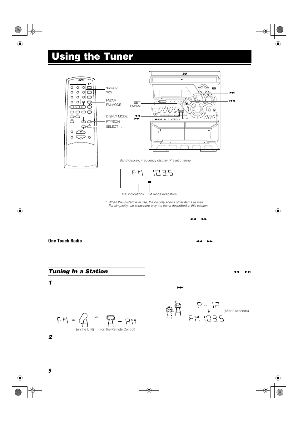 Using the tuner, Tuning in a station, One touch radio | Press the fm/am button, Example | JVC Compact Component System CA-MXK1R User Manual | Page 12 / 32