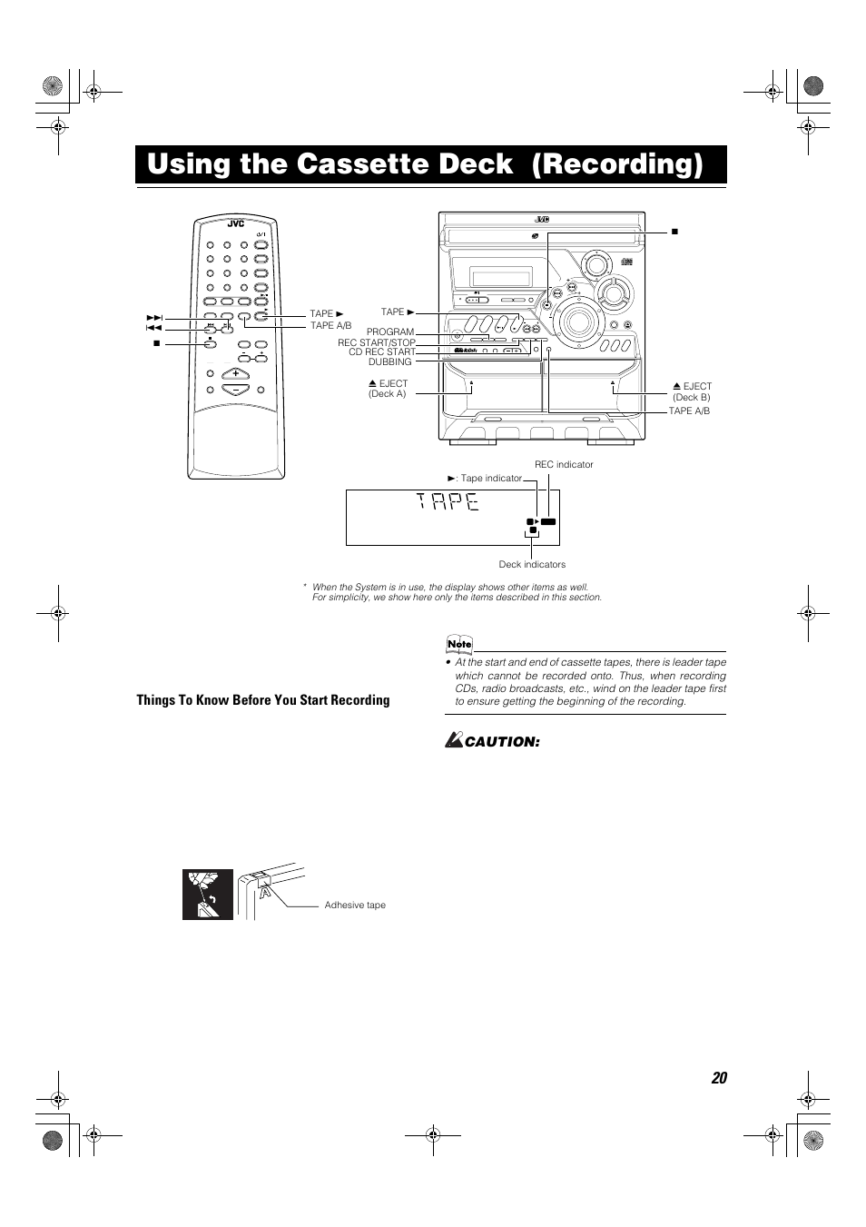 Using the cassette deck (recording), Things to know before you start recording, Caution | Tape a/b | JVC Compact Component System CA-MXK1R User Manual | Page 23 / 32