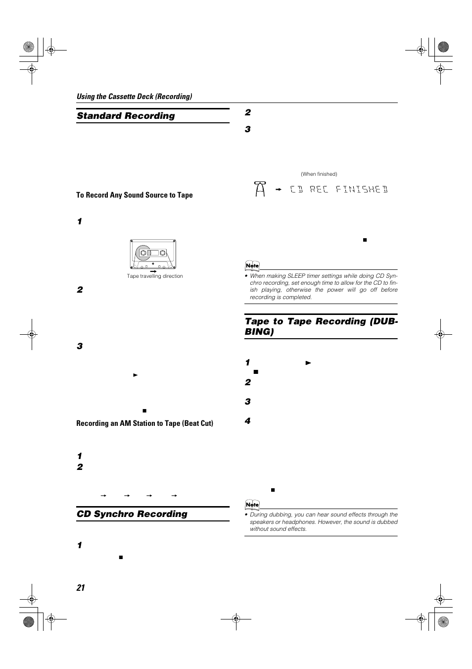 Standard recording, Cd synchro recording, Tape to tape recording (dub- bing) | JVC Compact Component System CA-MXK1R User Manual | Page 24 / 32