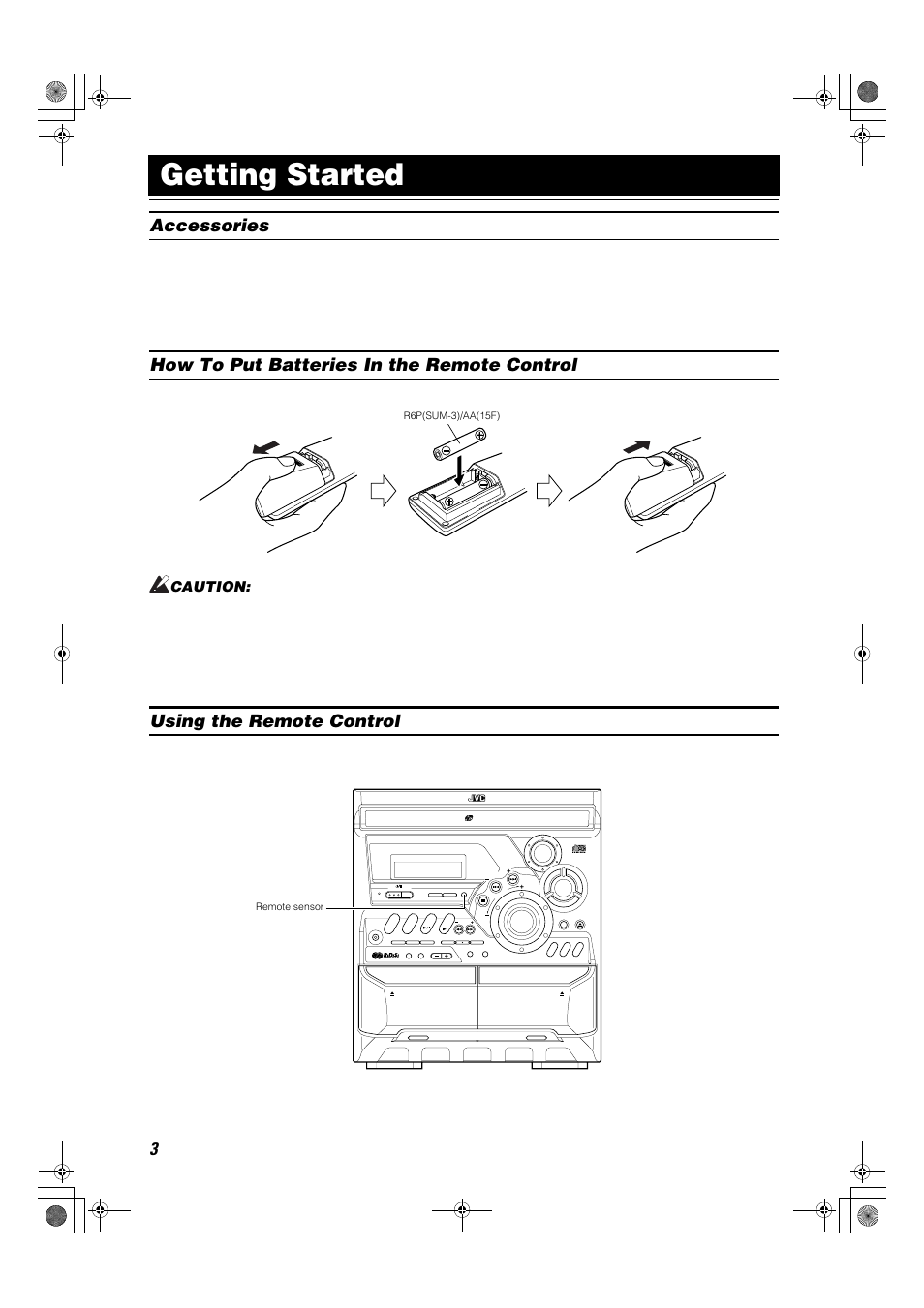 Getting started, Accessories, How to put batteries in the remote control | Using the remote control, Caution, Handle batteries properly | JVC Compact Component System CA-MXK1R User Manual | Page 6 / 32