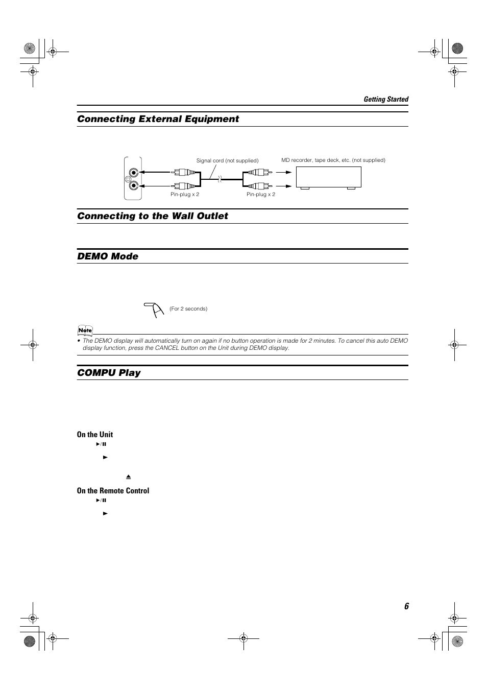 Connecting external equipment, Connecting to the wall outlet, Demo mode | Compu play | JVC Compact Component System CA-MXK1R User Manual | Page 9 / 32