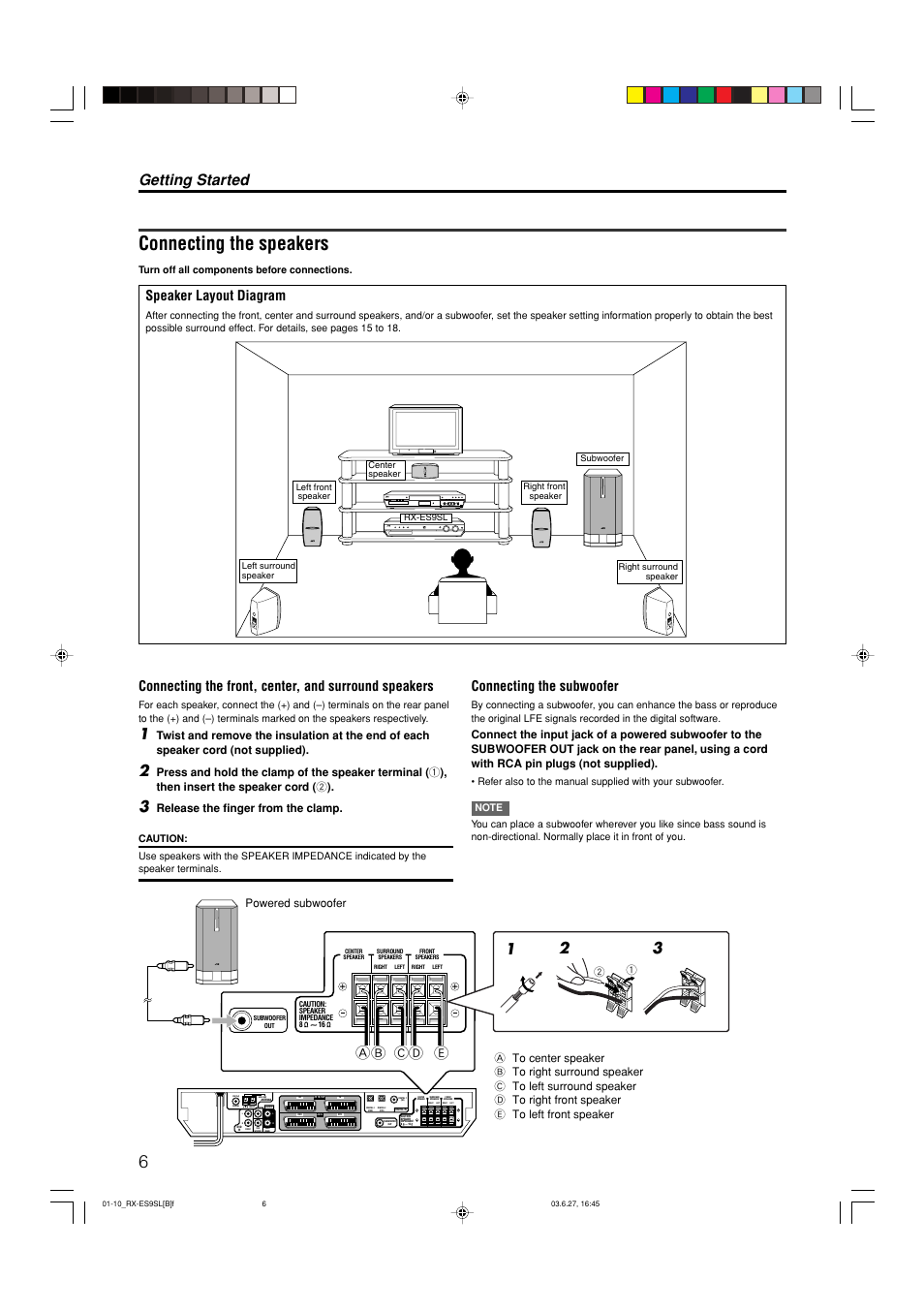 Connecting the speakers, Getting started, 12 3 ab cd e | Speaker layout diagram, Center, Connecting the subwoofer, Release the finger from the clamp, Powered subwoofer, Turn off all components before connections | JVC RX-ES9SL User Manual | Page 10 / 45
