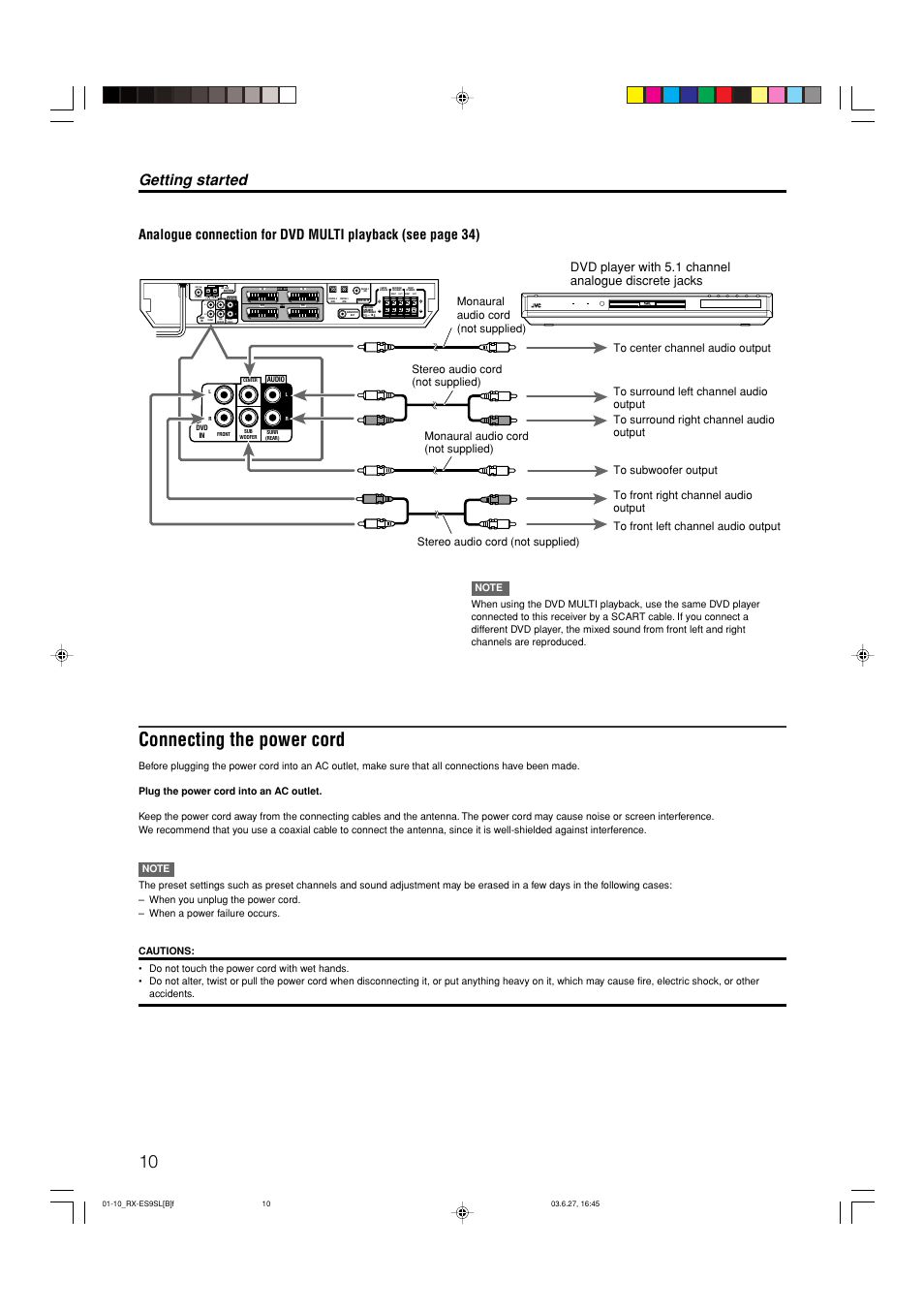 Connecting the power cord, Getting started, Center | JVC RX-ES9SL User Manual | Page 14 / 45