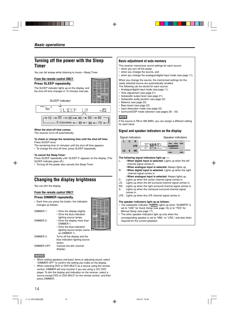 Turning off the power with the sleep timer, Changing the display brightness, Basic operations | Signal and speaker indicators on the display, Signal indicators speaker indicators, Sleep indicator, Canceled), You can dim the display | JVC RX-ES9SL User Manual | Page 18 / 45
